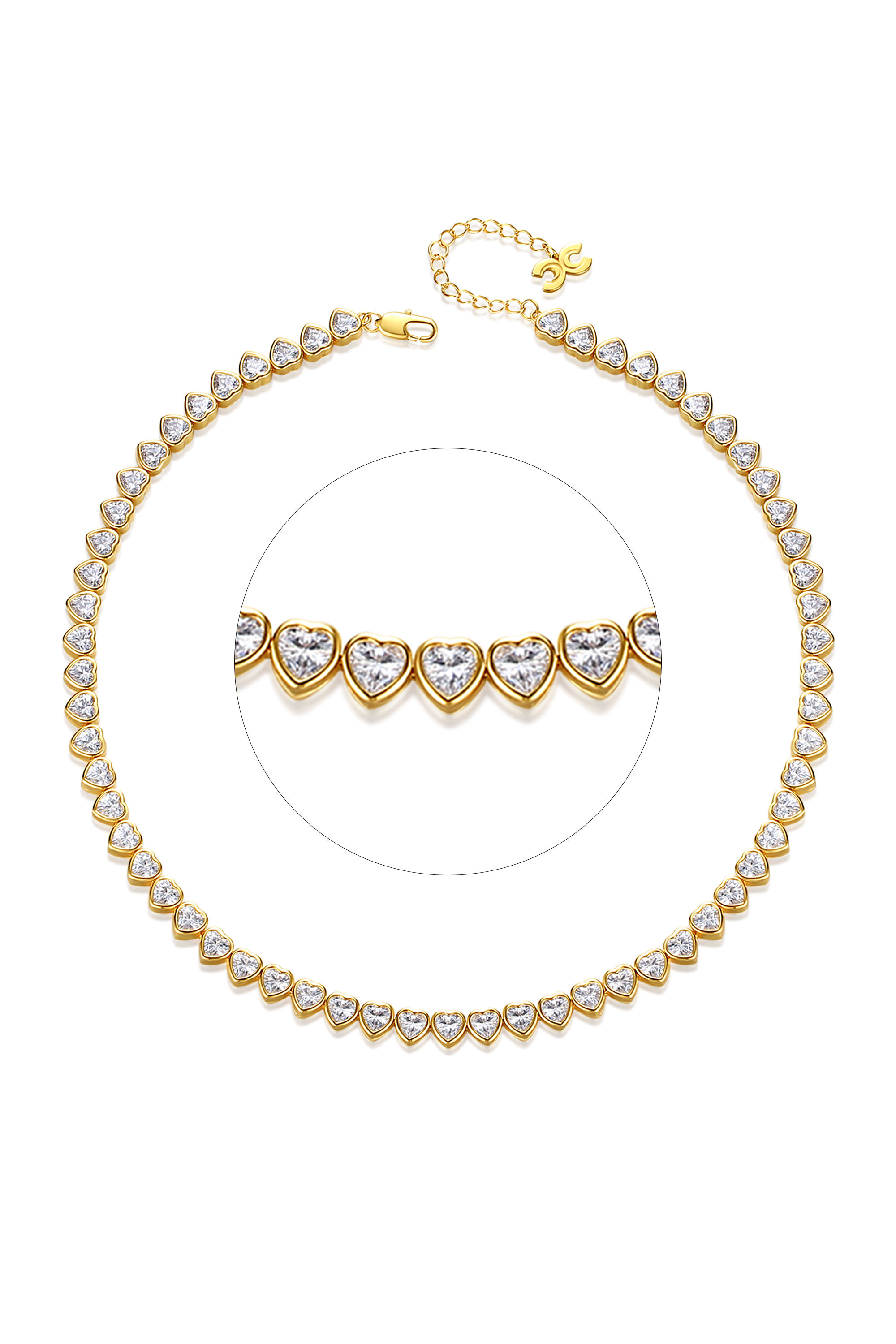 Classicharms-Gold Sparkling Heart Shaped Zirconia Tennis Necklace