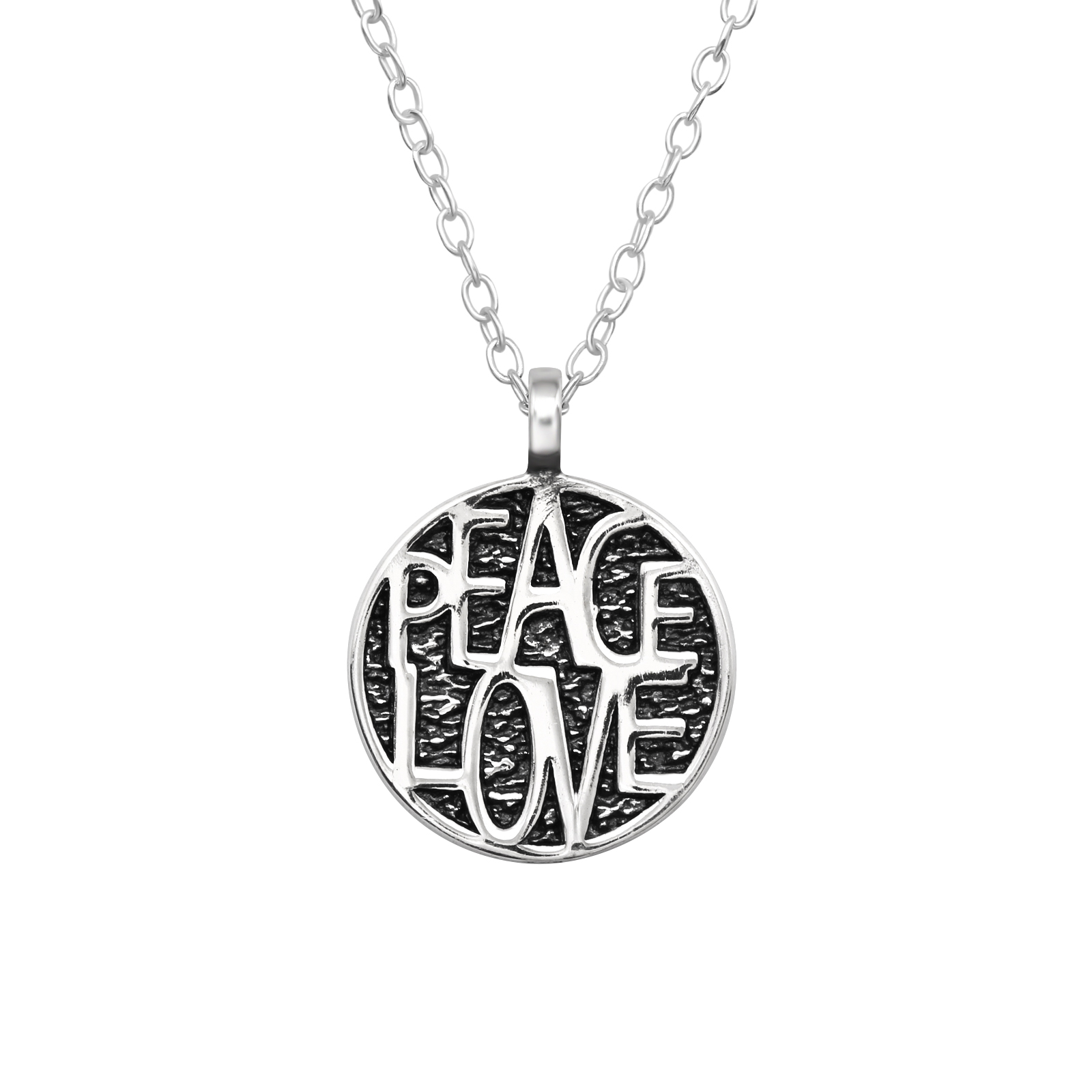 Sterling Silver Oxidized Peace and Love Pendant Necklace - Ag Sterling