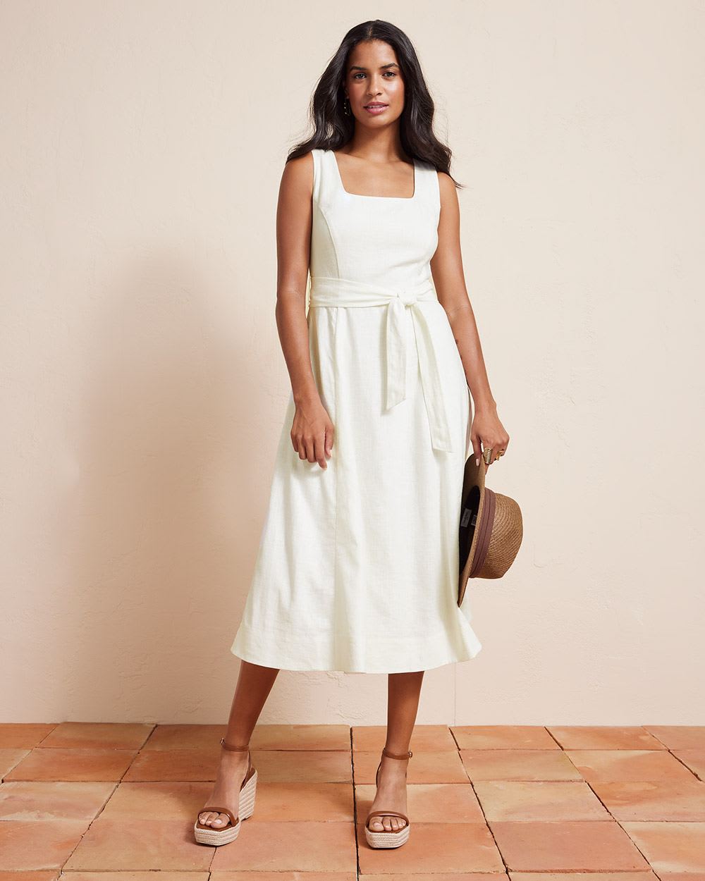 Sleeveless Square-Neck Linen Fit and Flare Dress