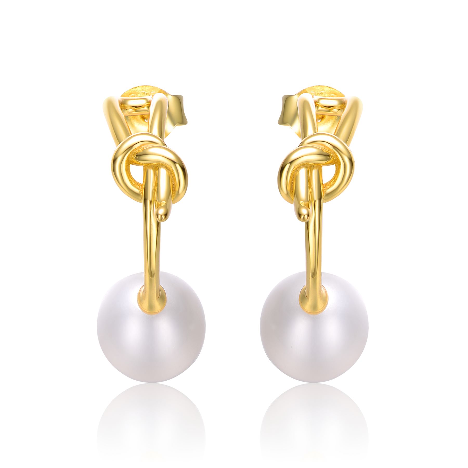 Sterling Silver 14k Yellow Gold Plated with White Pearl Love Knot Half-Hoop Earrings