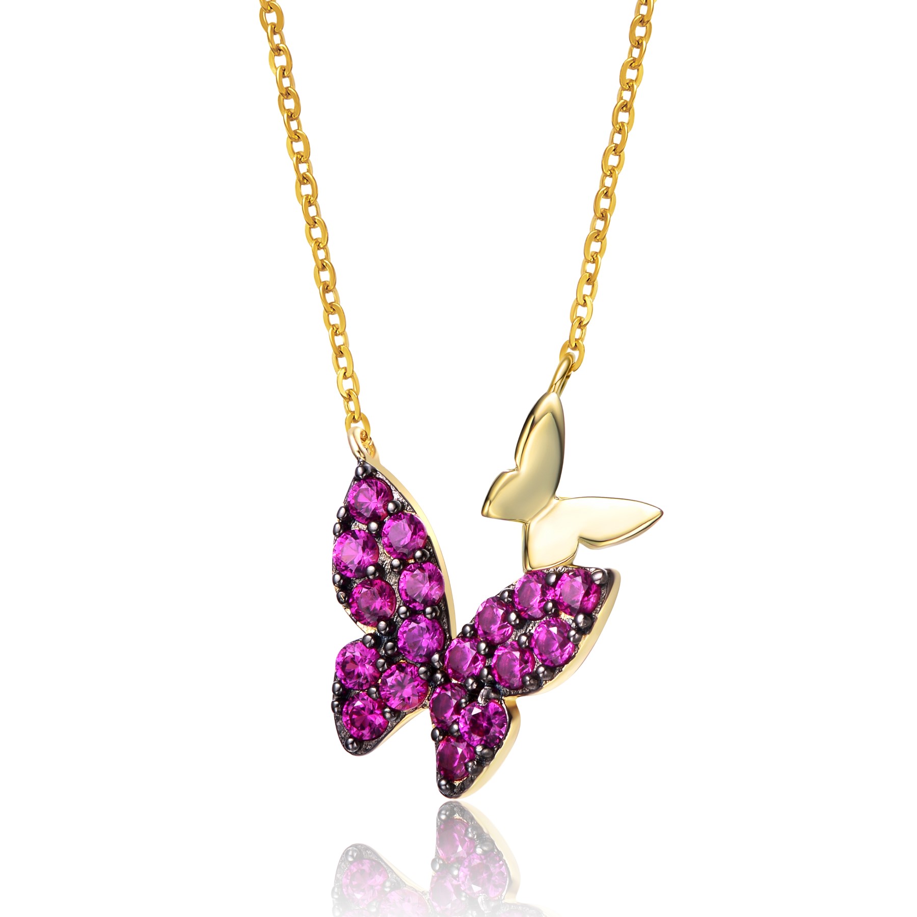 GV Sterling Silver 14k Yellow Gold Plated with Ruby Cubic Zirconia Double Butterfly Layering Necklace