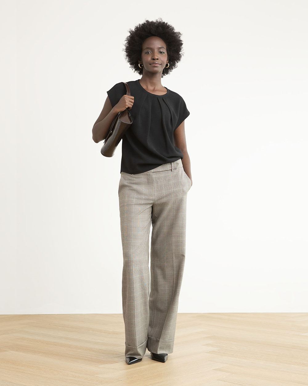 Mix-Media Top with Extended Sleeves and Pleated Crew Neckline