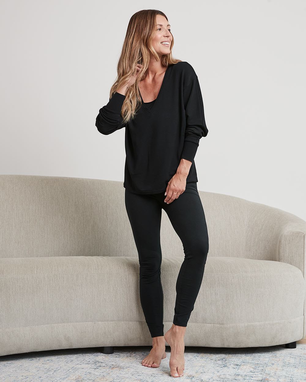 Long-Dolman-Sleeve Fleece Top with V Neckline - Thyme Maternity