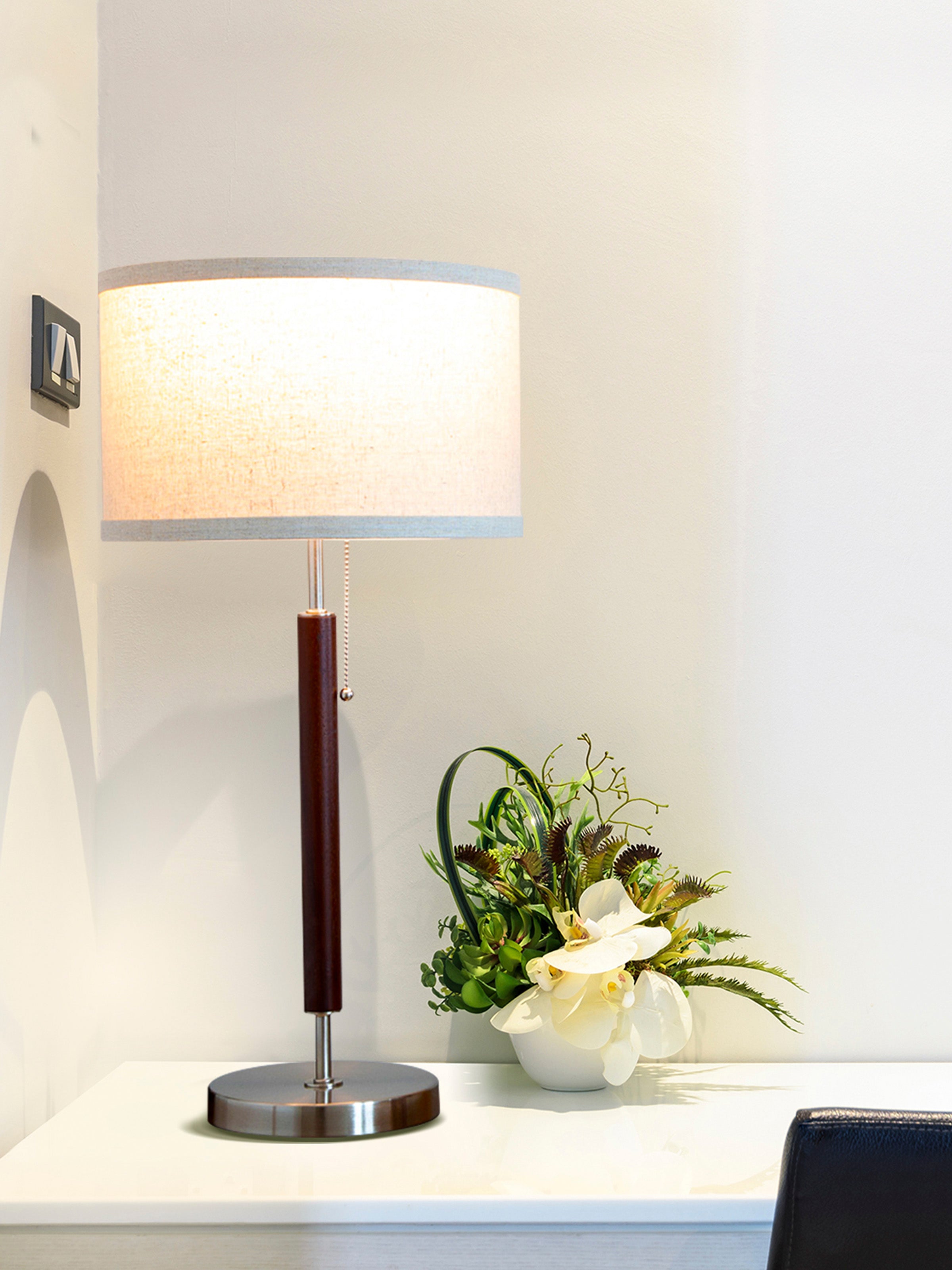 Carter Led Table Lamp With Drum Shade And Walnut Wood Finish