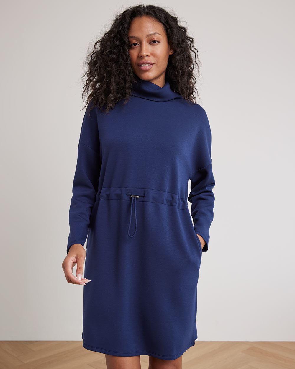 Long-Sleeve Mock-Neck Straight Dress with Adjustable Waist