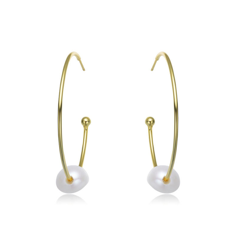 Stylish Sterling Silver with 14k Yellow Gold Plating and Genuine Freshwater Pearl Hoop Earrings