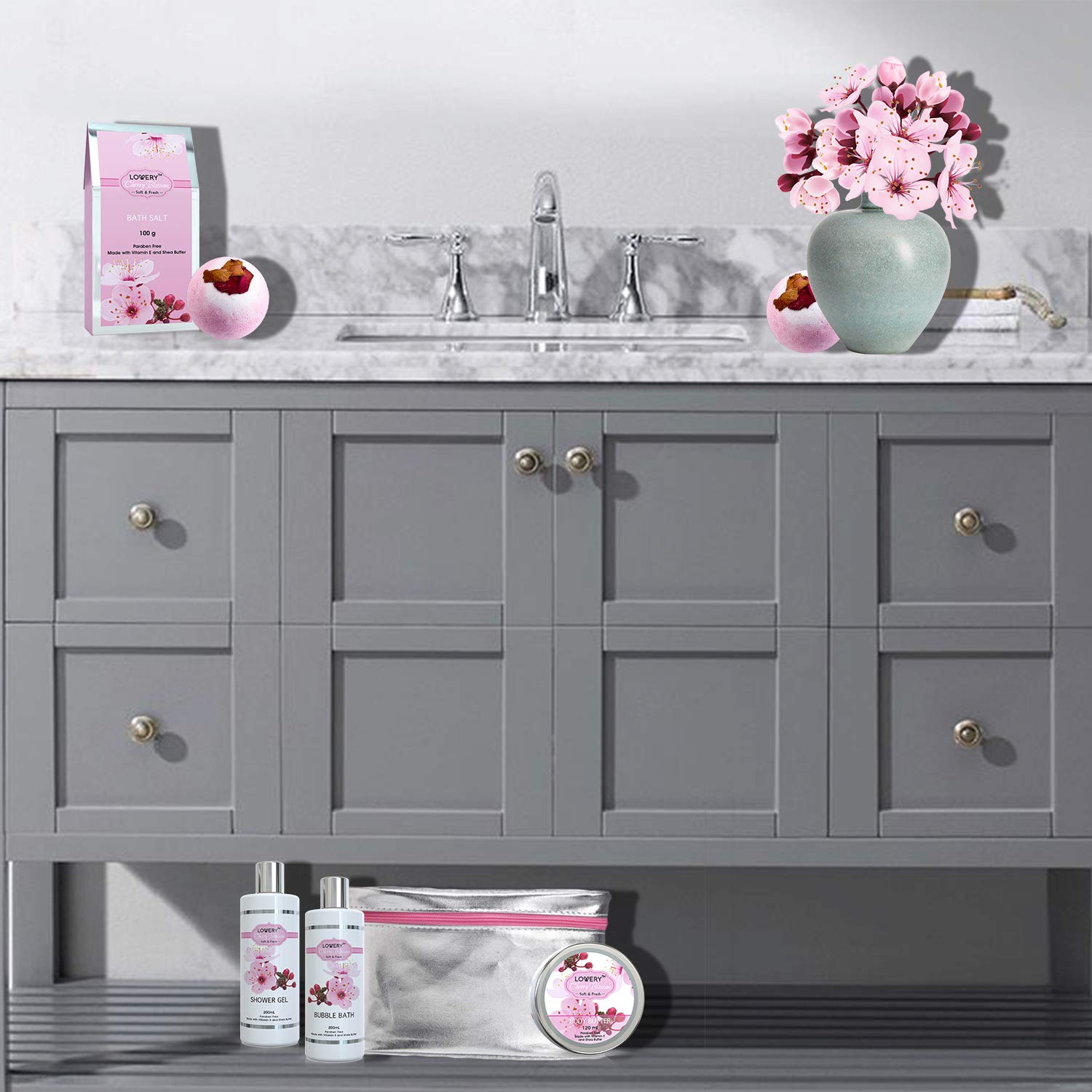 Lovery Bath And Body Spa Gift Basket Set - Cherry Blossom Spa Bag