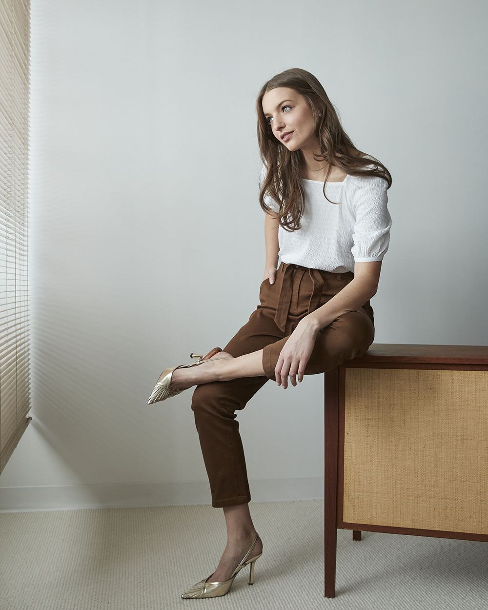 Textured Weave Puffy Sleeve Square-Neck Blouse