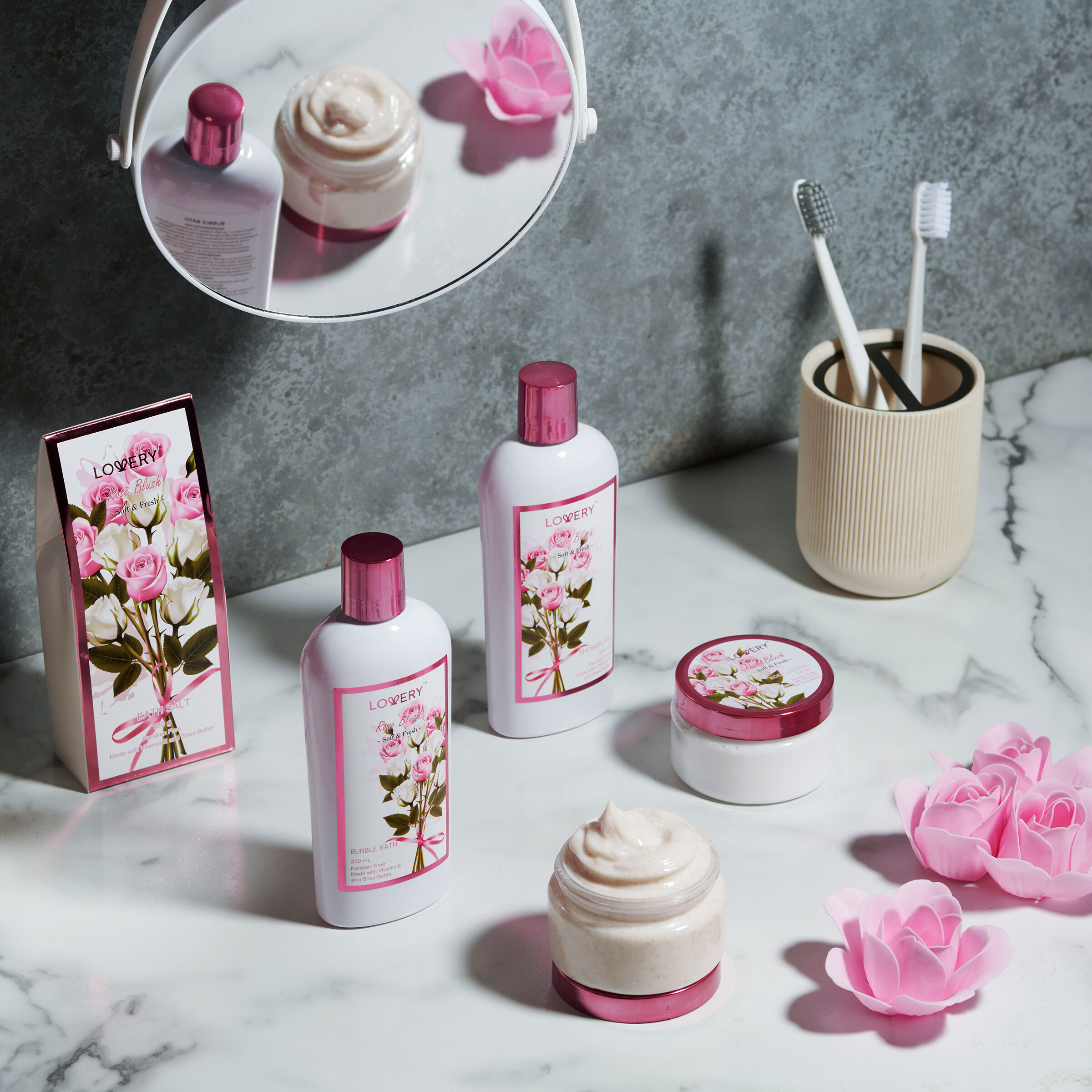 Lovery 10pc Rose Blush Relaxing At Home Body Care, Handmade Home Spa Gift Basket