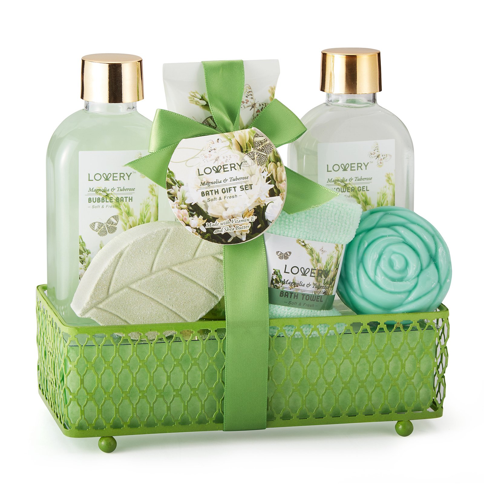 Lovery Home Spa Gift Basket - Magnolia Tuberose Fragrance - 7 Pc Bath And Body Set