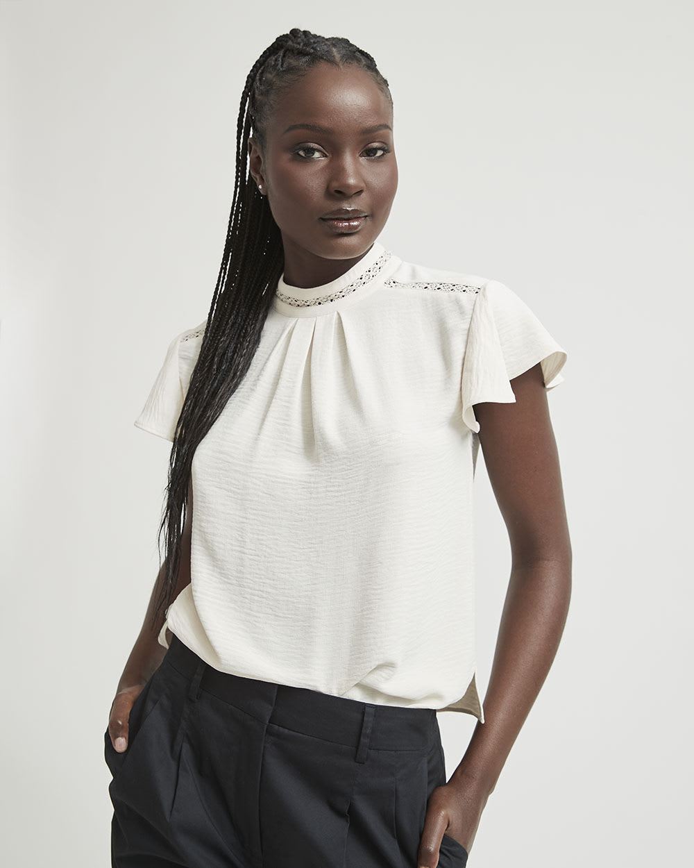 Short-Ruffled-Sleeve Blouse with Lace Details