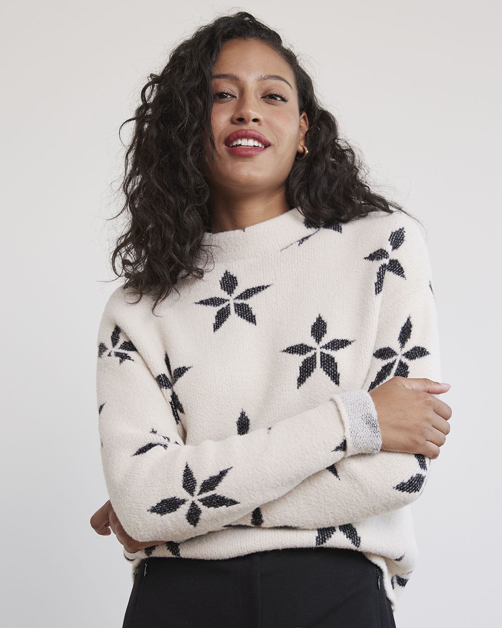 Long-Sleeve Funnel-Neck Jacquard Sweater