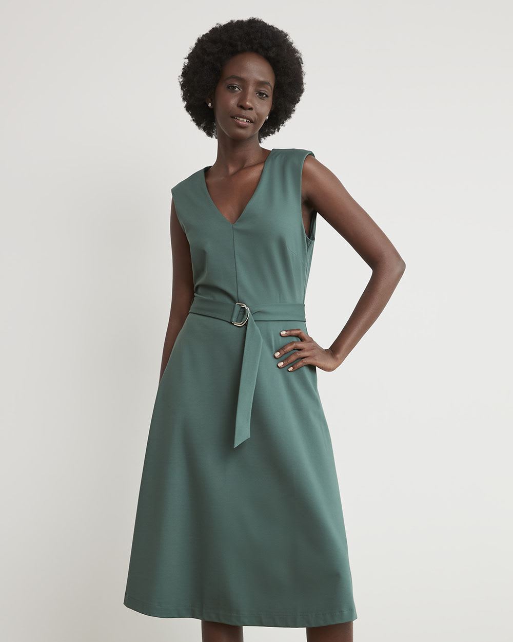 Sleeveless Fit and Flare Dress with V Neckline