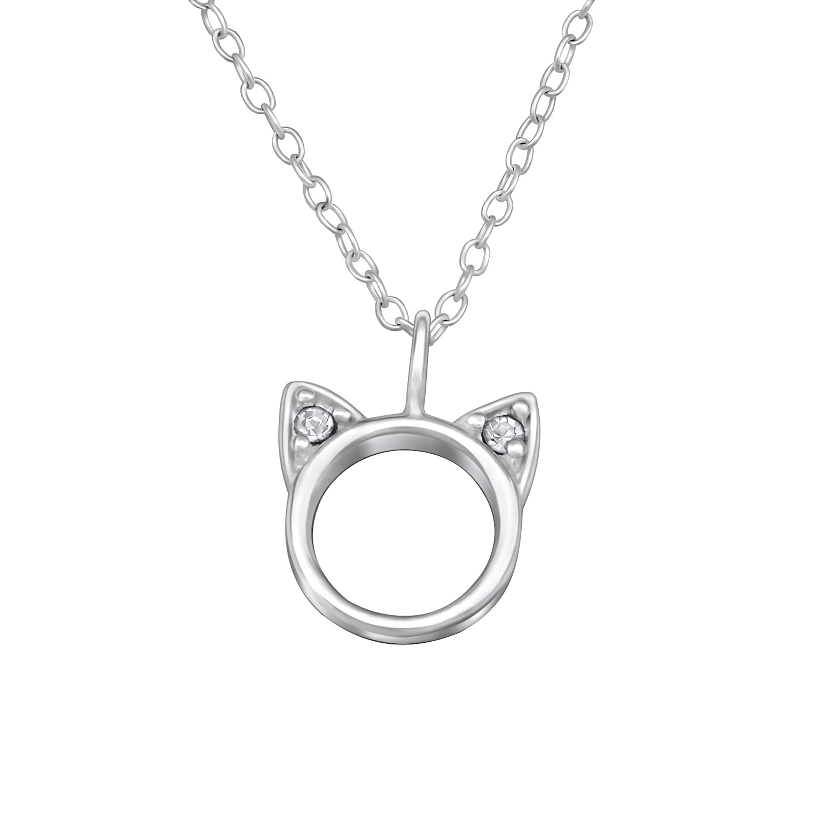 Sterling Silver Dainty Openwork Circle Cat Pendant Necklace with Cubic Zirconia - Ag Sterling
