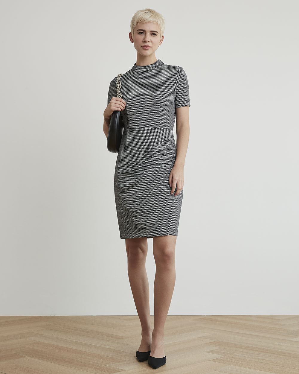 Short-Sleeve Herringbone Dress with Wrap Skirt