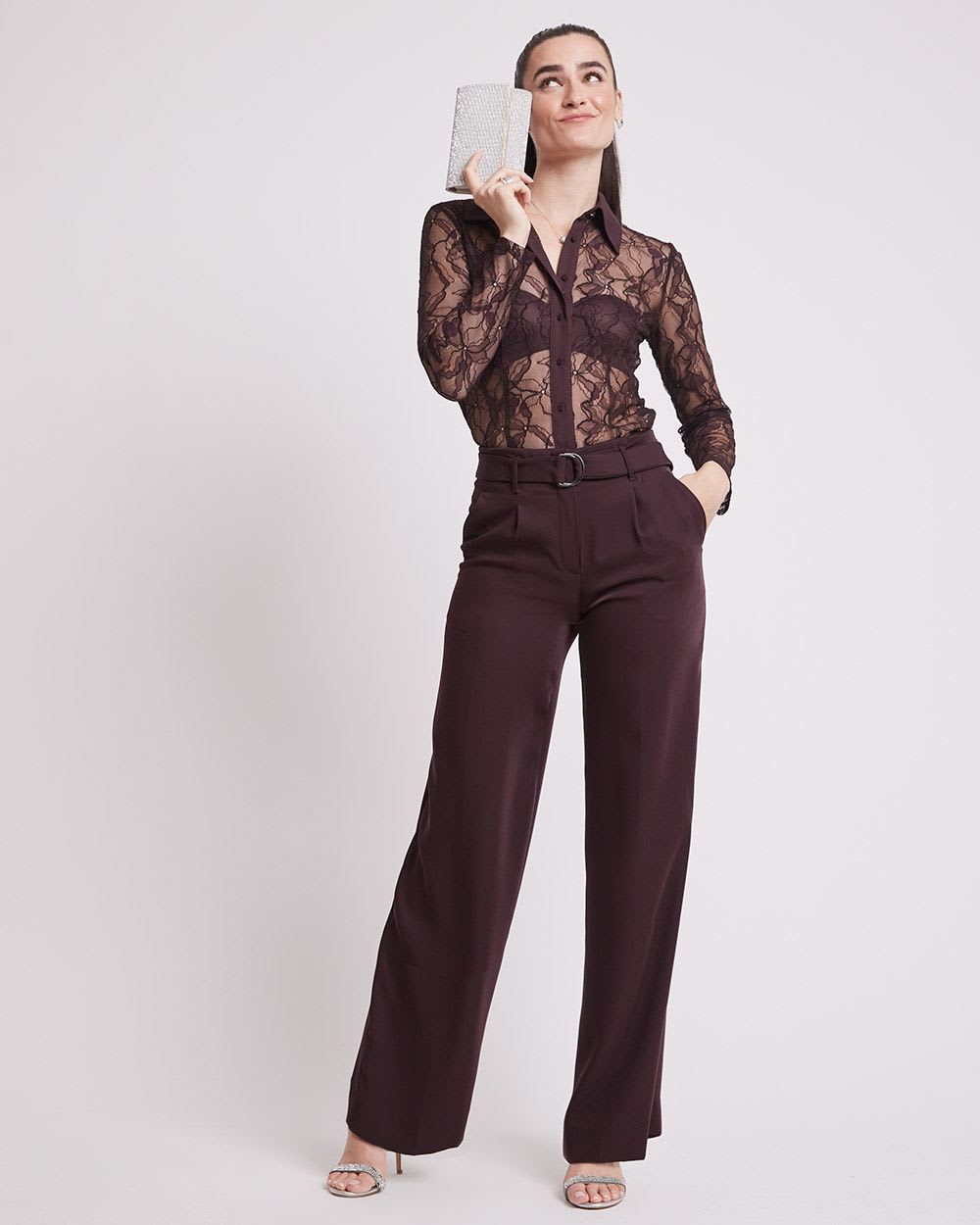 Long-Sleeve Buttoned-Down Lace Blouse