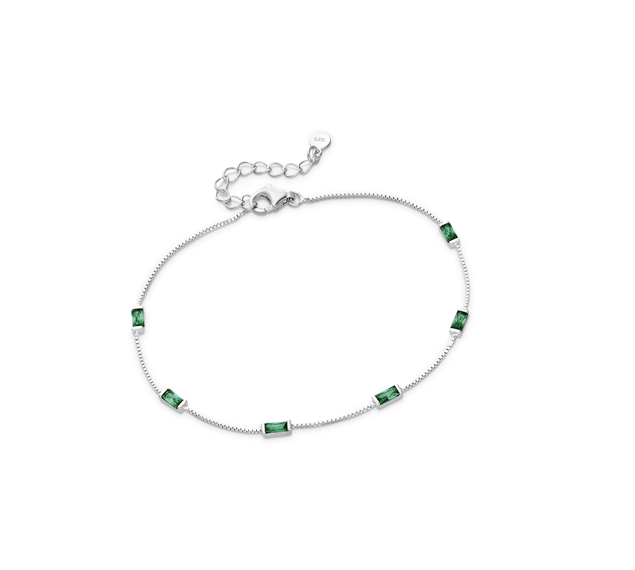 Sterling Silver Baguette Station Bracelet in Emerald - Ag Sterling