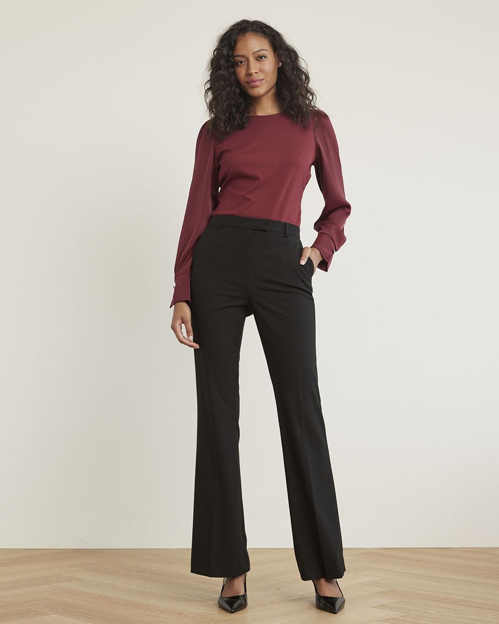 Mix-Media Crew-Neck T-Shirt with Long Puffy Sleeves