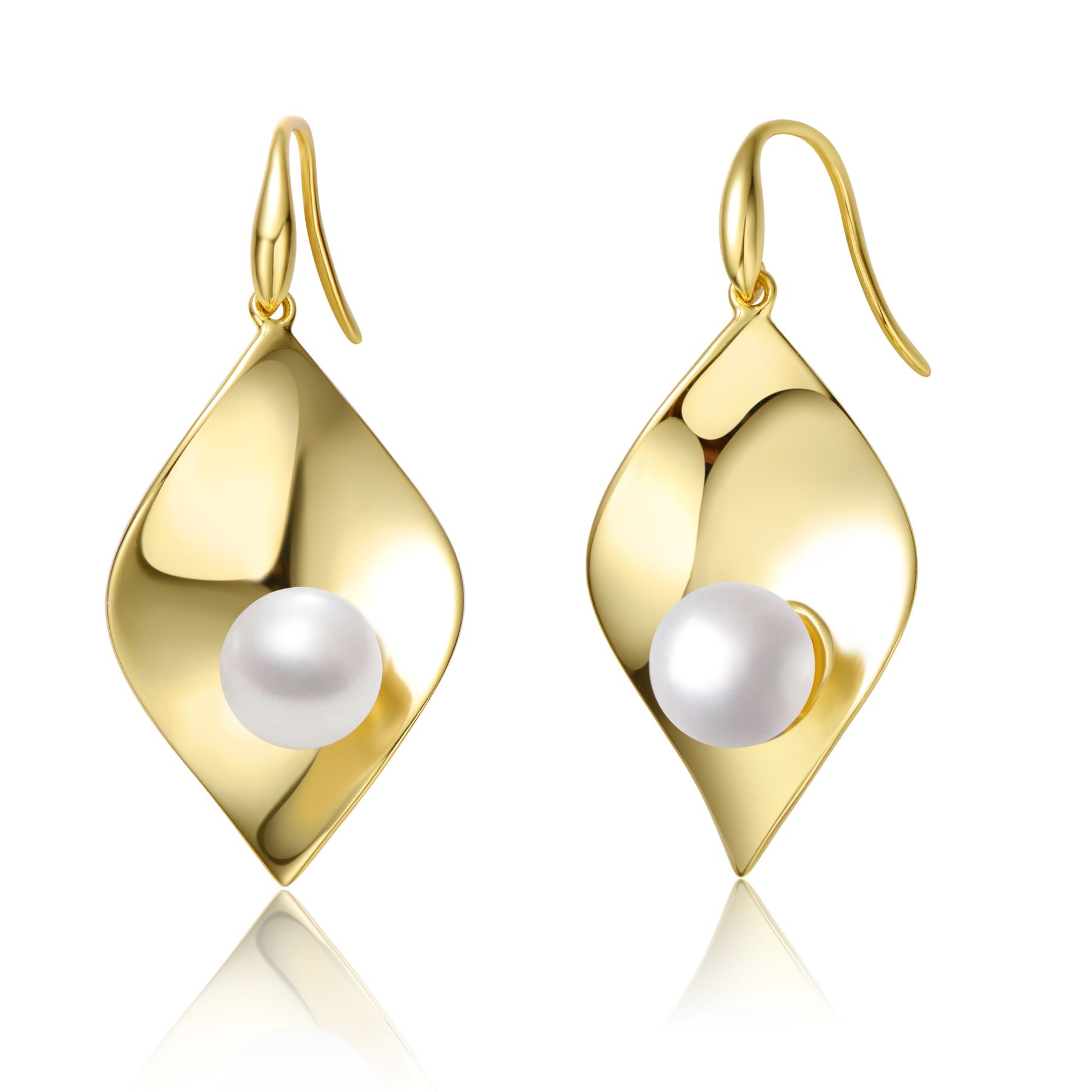 Sterling Silver 14k Yellow Gold Plated with White Pearl Lily Pad Dangle Drop Wire Earrings