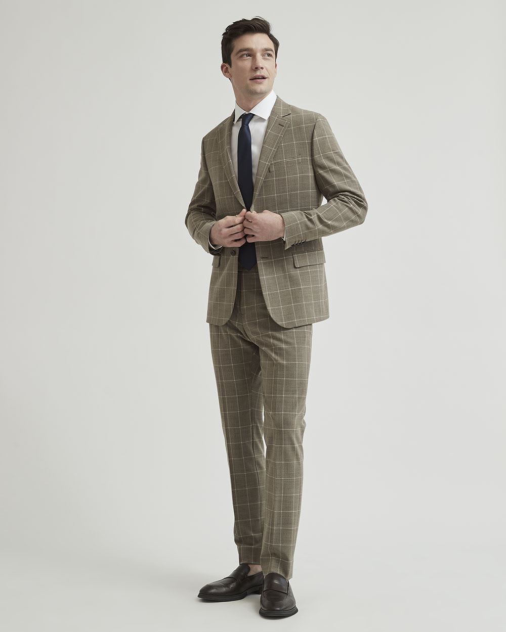 Slim Fit Beige Windowpane Traveler Blazer