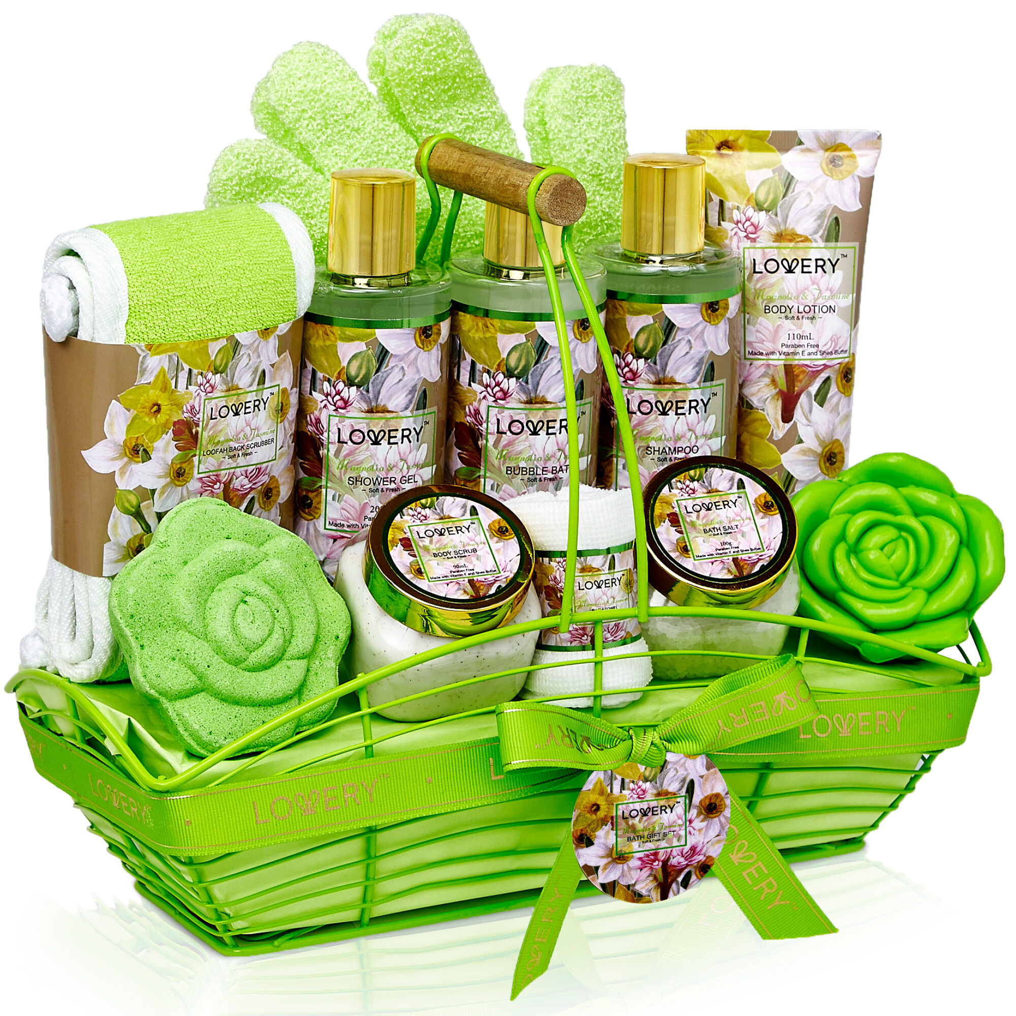 Lovery Home Spa Gift Baskets - Magnolia & Jasmine Scent - 13pc Set