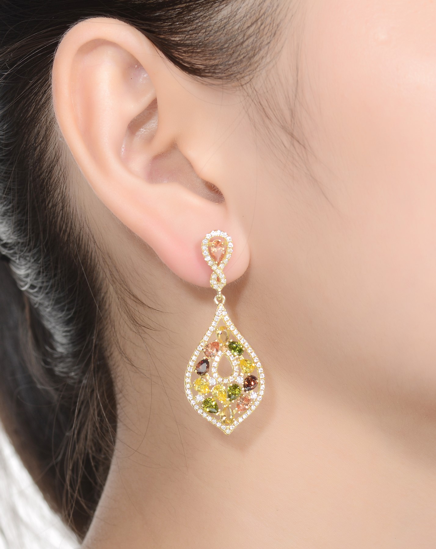 Genevive - Yellow Gold Plated Multi Colored Cubic Zirconia Accent Dangle Earrings