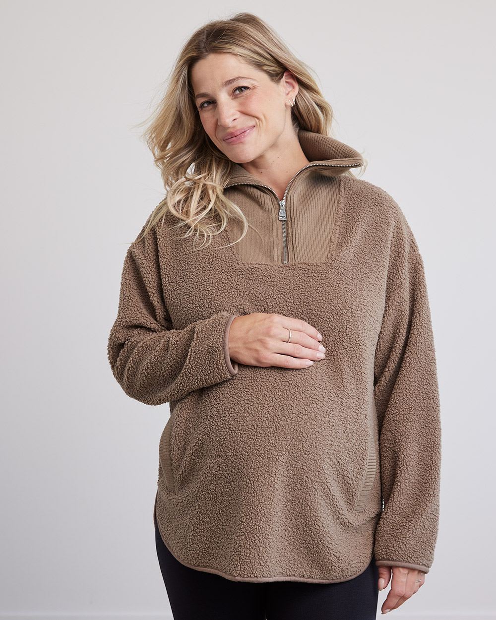 High-Neck with Half-Zip Sherpa Pullover - Thyme Maternity