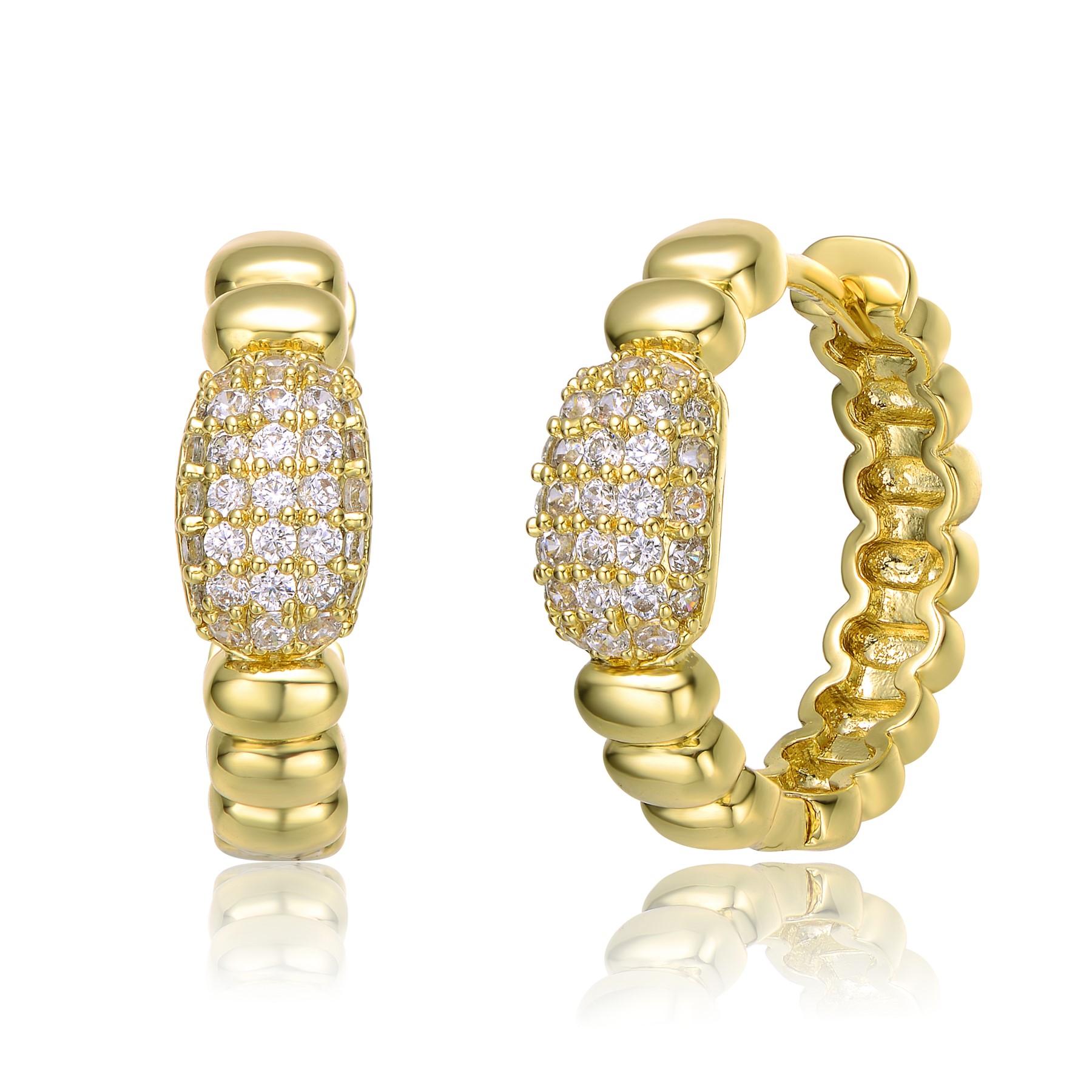 GV Sterling Silver 14k Yellow Gold Plated with Cubic Zirconia Scalloped Huggie Hoop Earrings