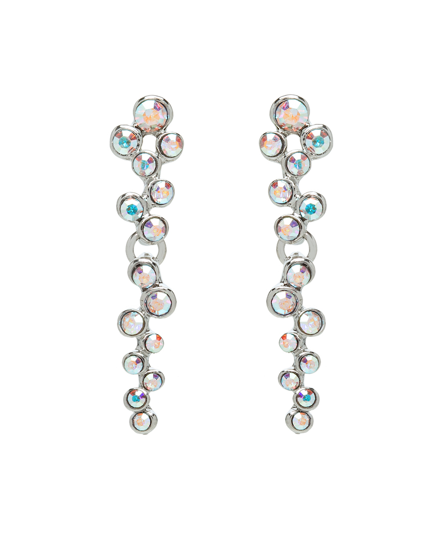 Rhodium Plated Cluster Drop Crystal Earrings in Aurora Borealis - callura