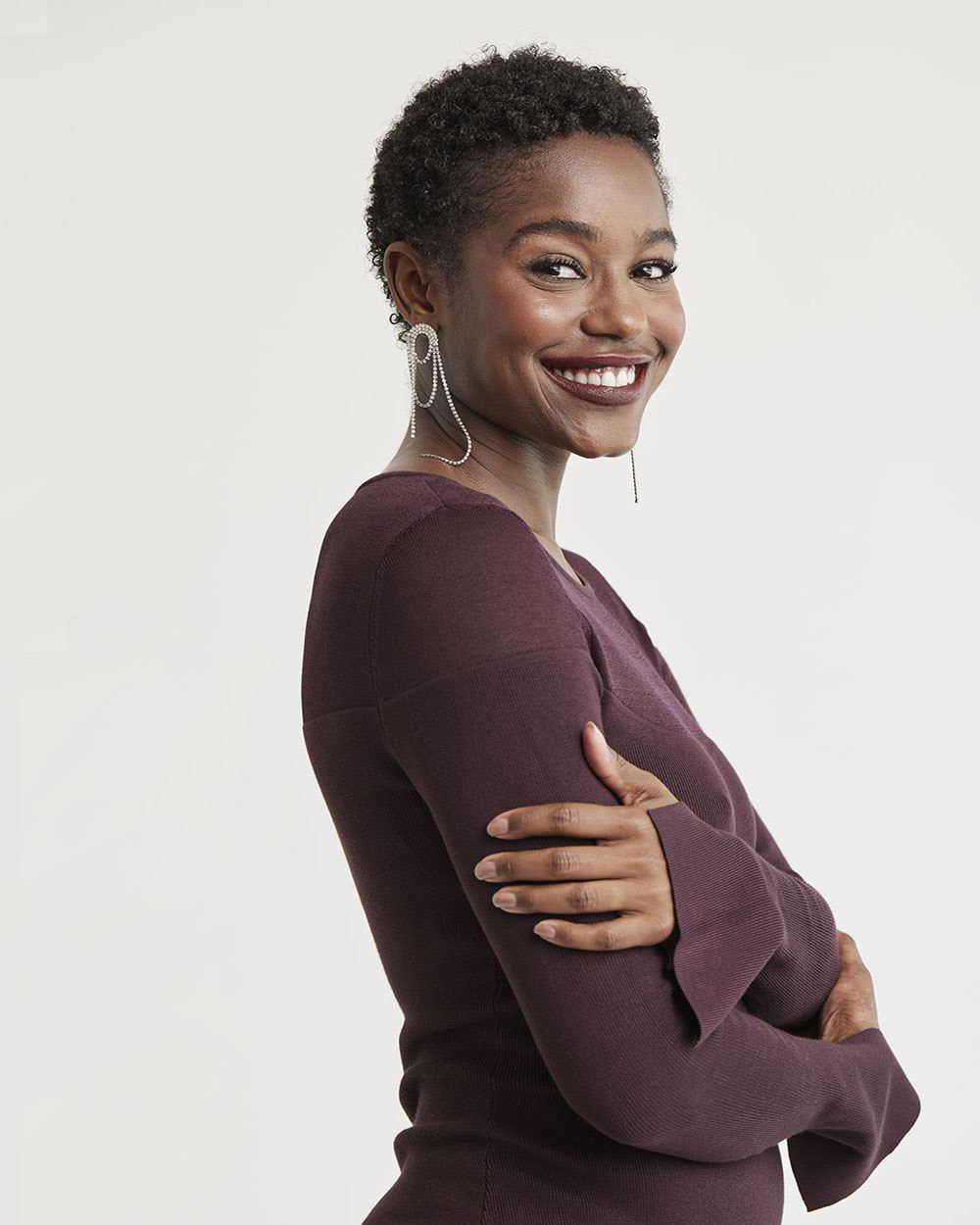 Long-Sleeve Crew-Neck Midi Dress with Sheer Yoke