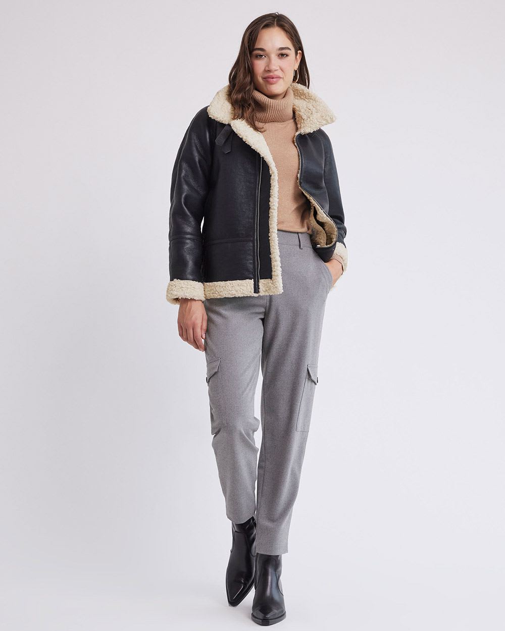 Faux Leather Jacket with Sherpa Details