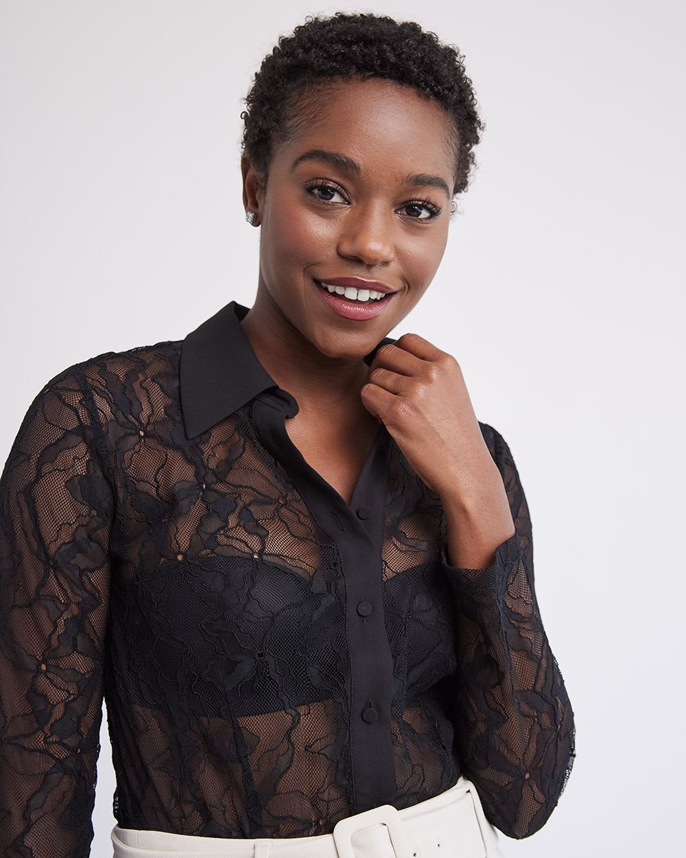 Long-Sleeve Buttoned-Down Lace Blouse