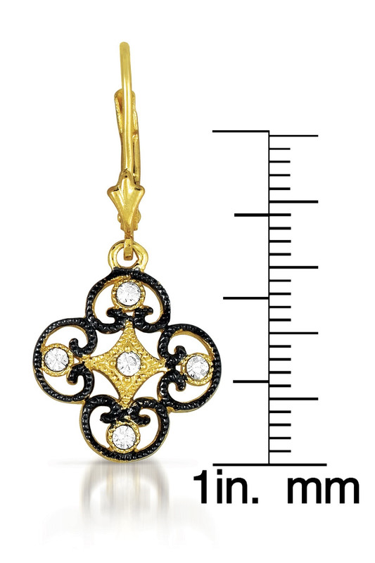 Sterling Silver Black And 14k Yellow Gold Plated Lace Deco with Clear Cubic Zirconia Leverback Drop Earrings