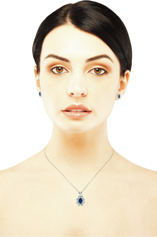 Sterling Silver White Gold PlatIng with Sapphire Cubic Zirconia Flower Shape Pendant Necklace