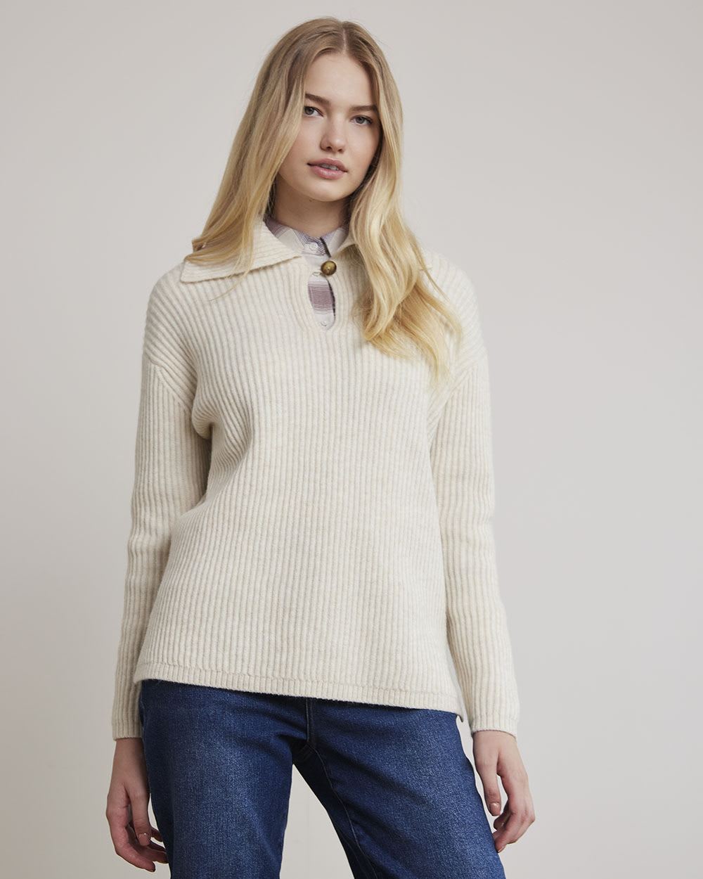 Long-Sleeve Sweater with Ribbed Collar