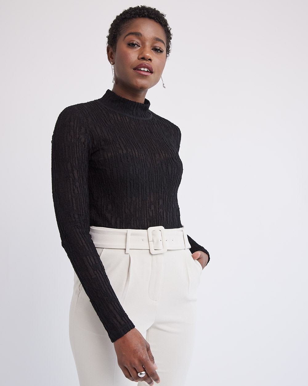 Long-Sleeve Mock-Neck Wool Lace Top