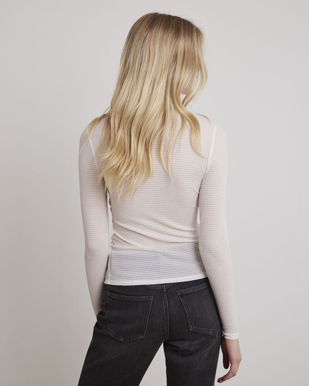 Long-Sleeve Mock-Neck Sheer Tee