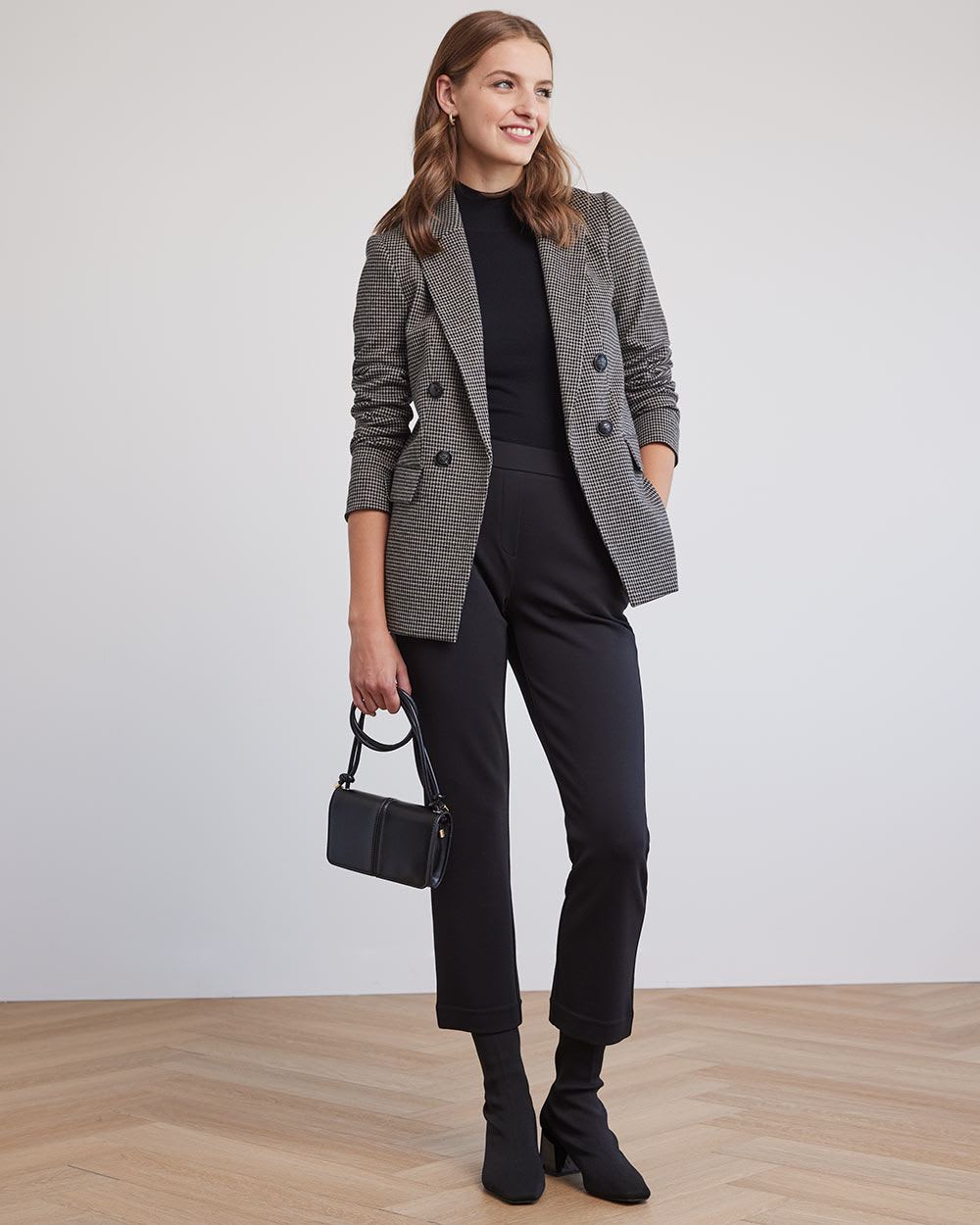 Checkered Double-Breasted Open Blazer