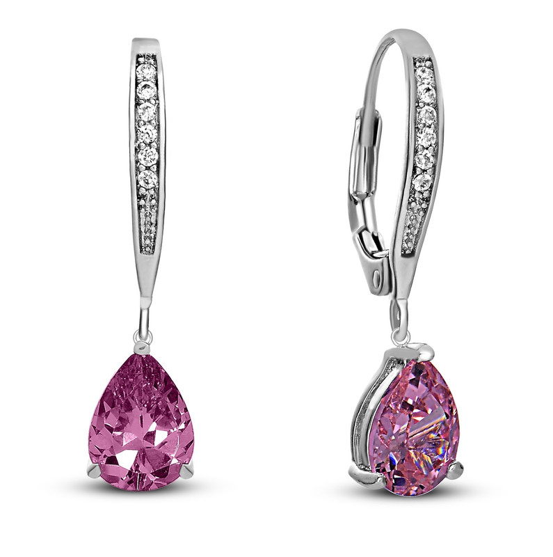 Dazzling Sterling Silver White Gold Plating with Sparkling Pear-Shaped Colored Cubic Zirconia Drop Earrings