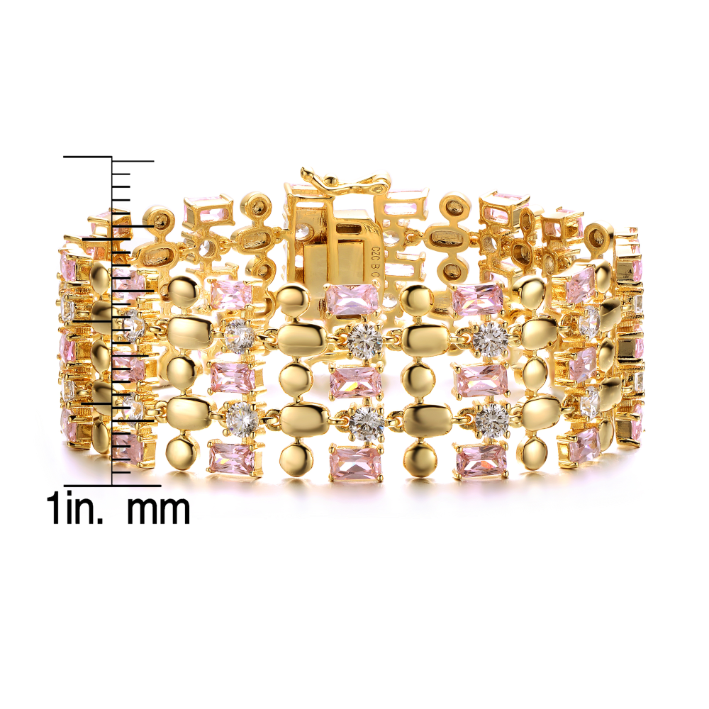 RG 14k Yellow Gold Plated Pink Morganite & Cubic Zirconia Wide Geometric Mesh Link Bracelet