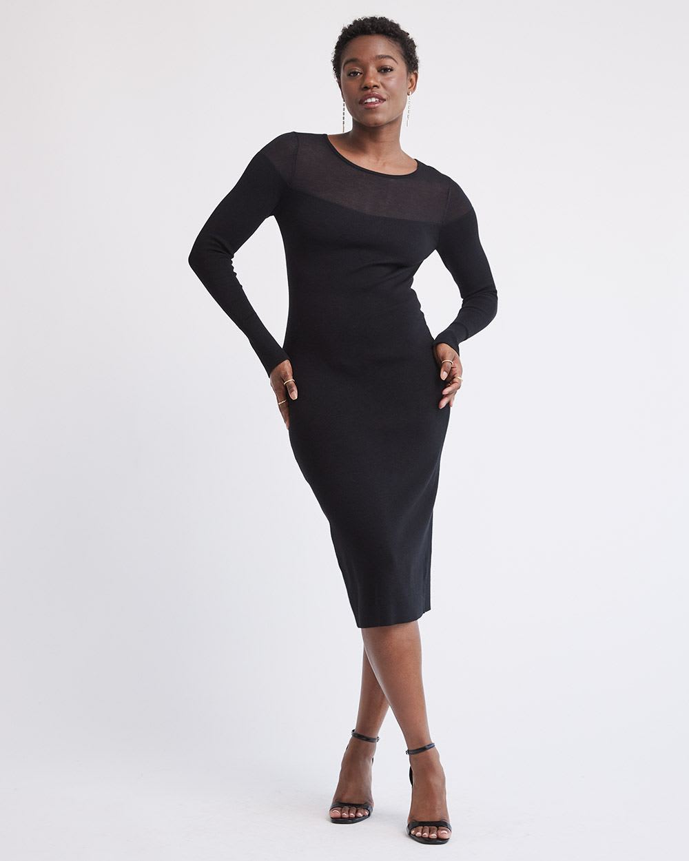 Long-Sleeve Crew-Neck Midi Dress with Sheer Yoke