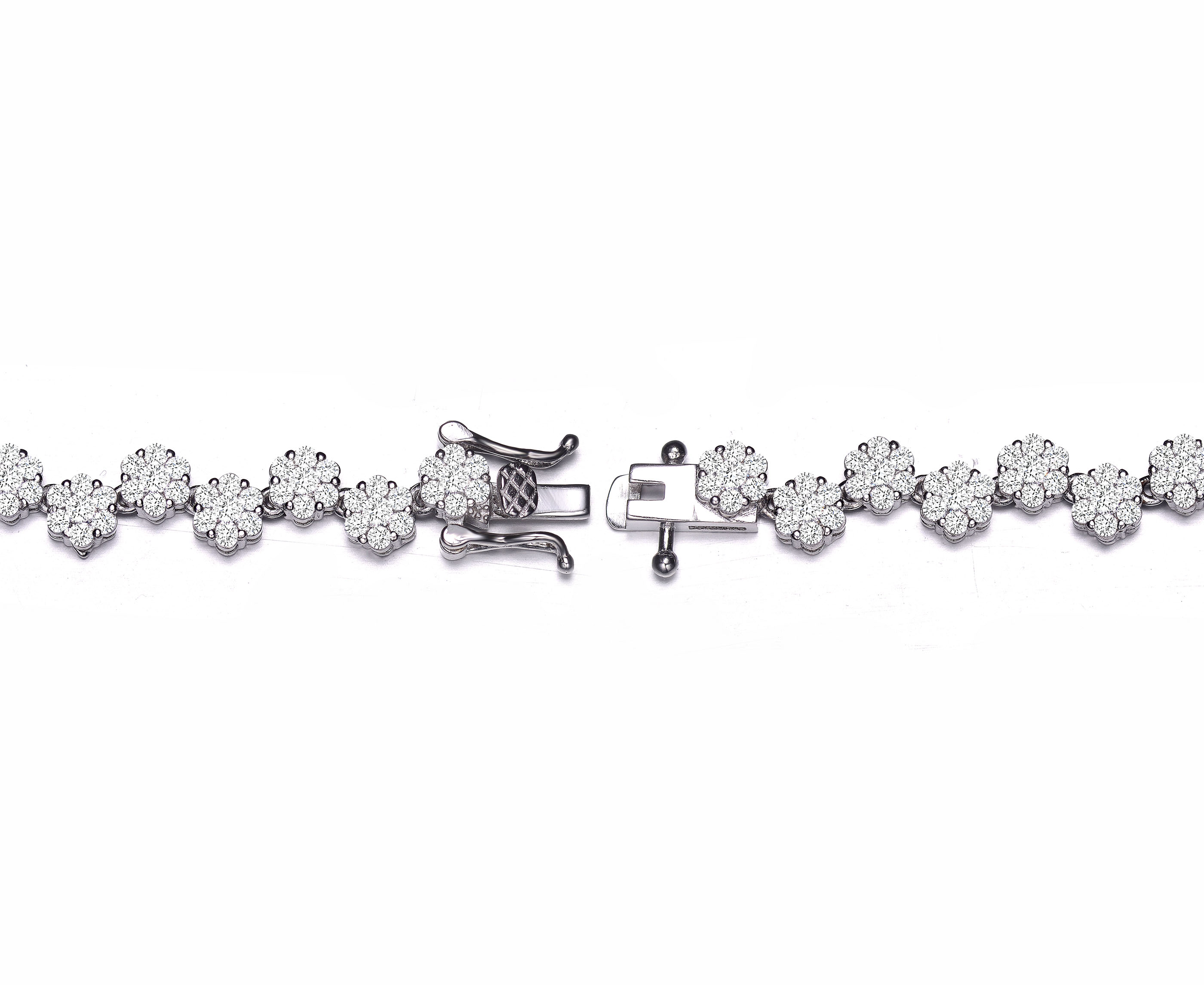 Genevive Sterling Silver with Rhodium Plated Clear Round Cubic Zirconia Cluster Flower Link Bracelet