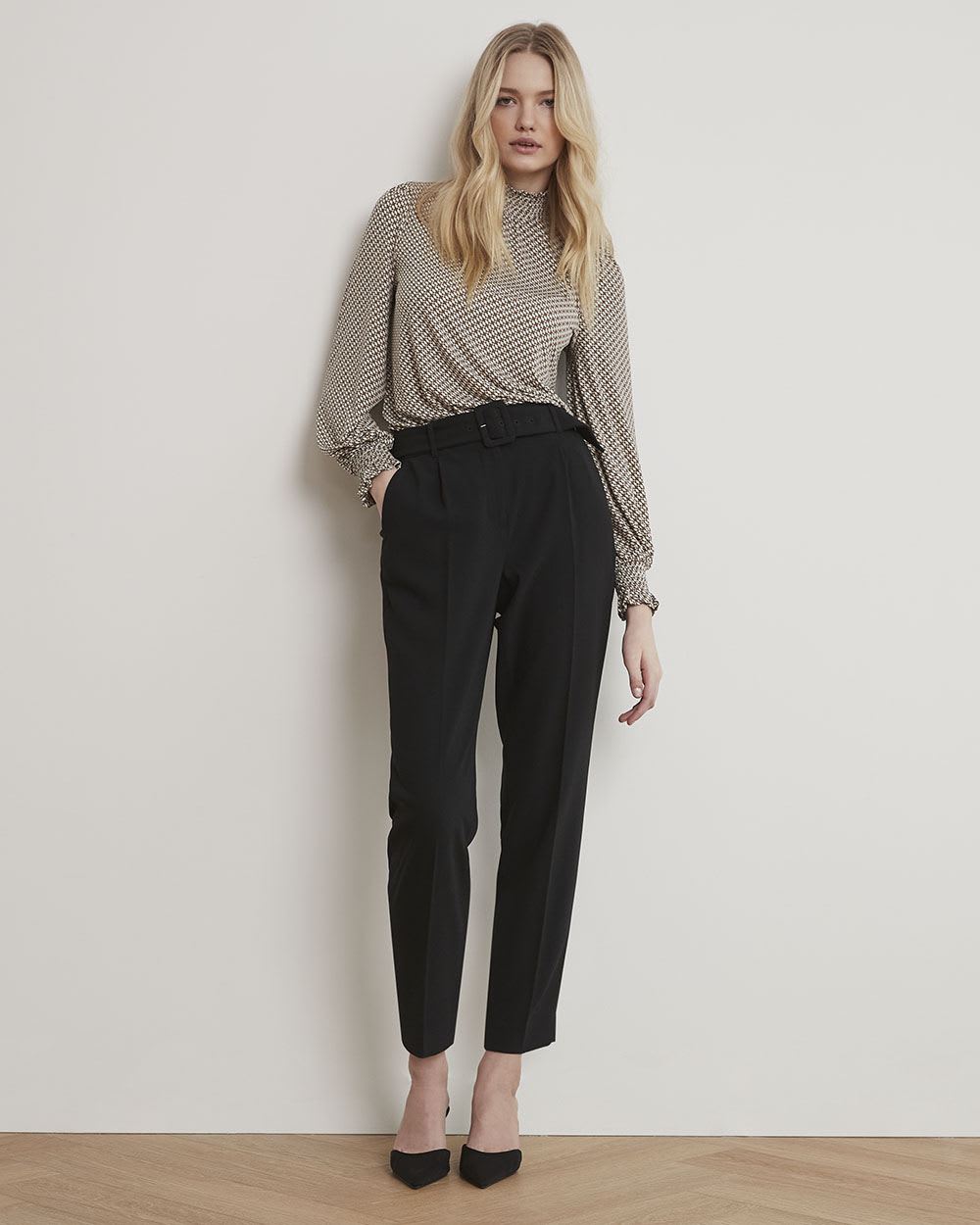 Printed Mock-Neck T-Shirt with Long Puffy Sleeves