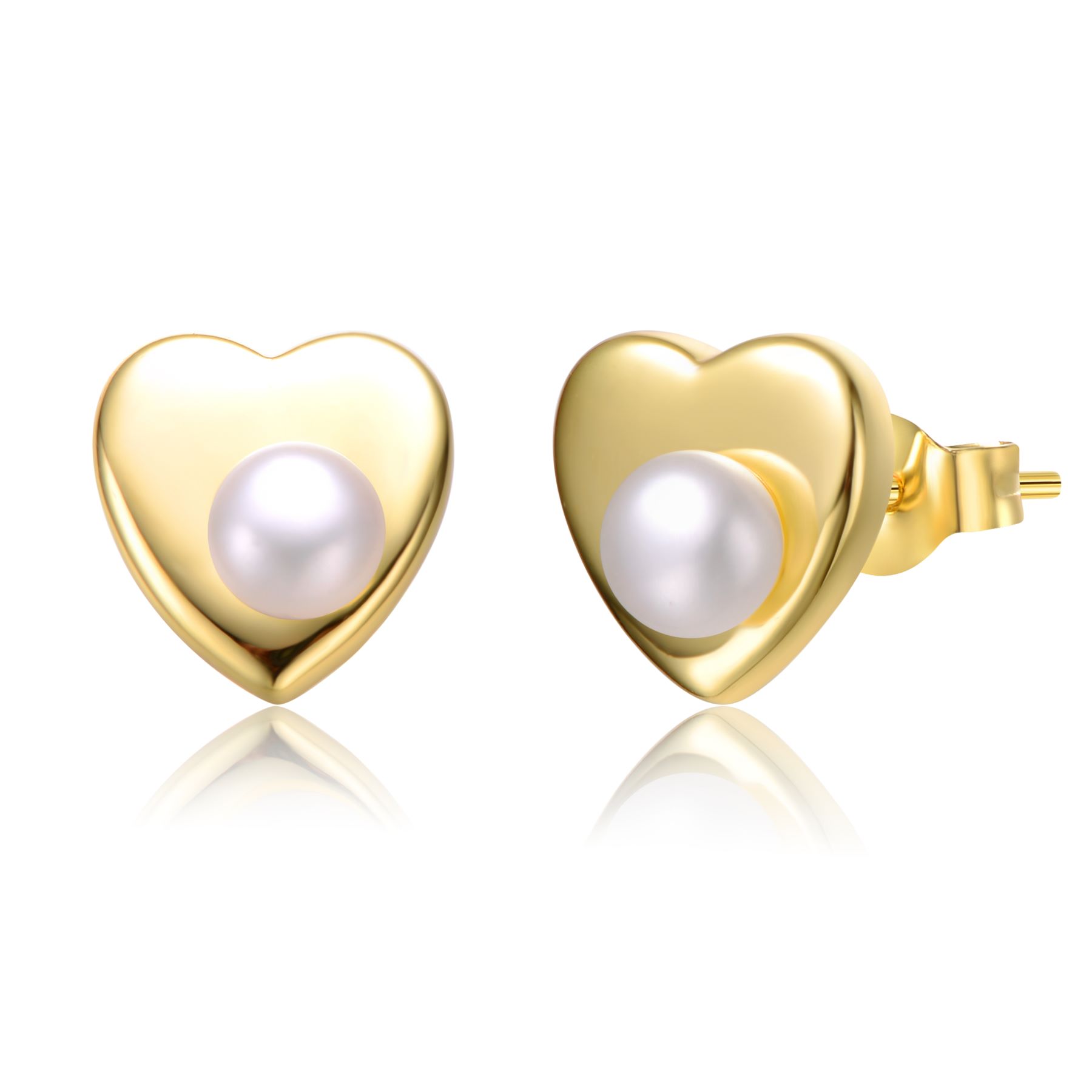 Sterling Silver 14k Yellow Gold Plated with White Pearl Heart Stud Earrings