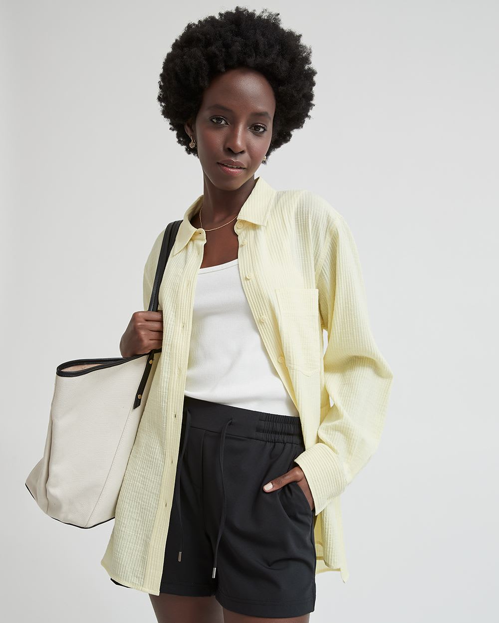 Button-Down Crinkle Cotton Blouse with Chest Pocket