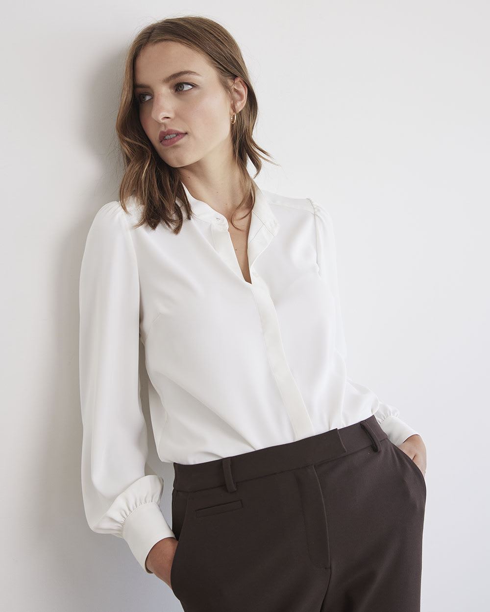 White Silky Crepe Long-Sleeve Buttoned-Down Blouse