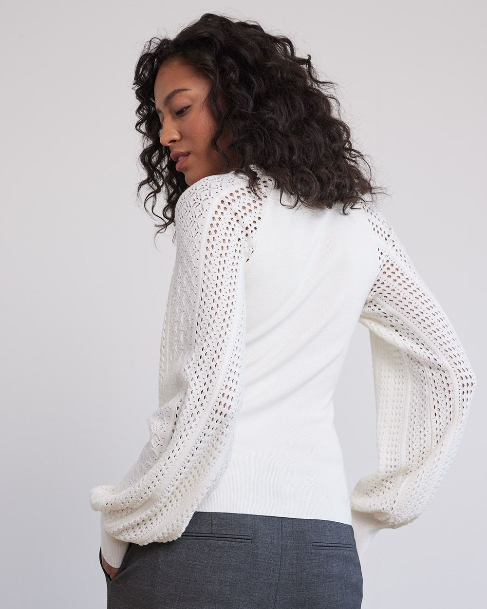 Long-Puffy-Sleeve Crew-Neck Sweater with Pointelle Stitches
