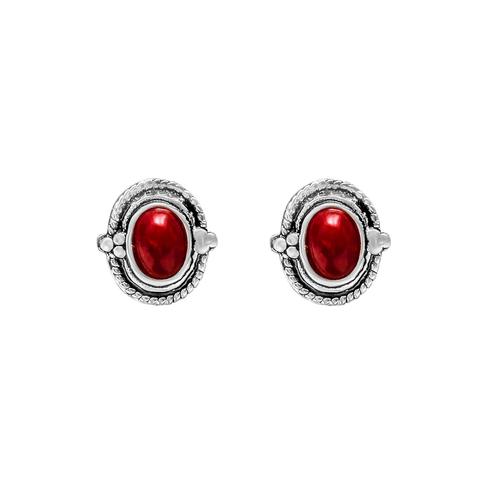 Ag Sterling - Sterling Silver Red Oval Stud Earrings