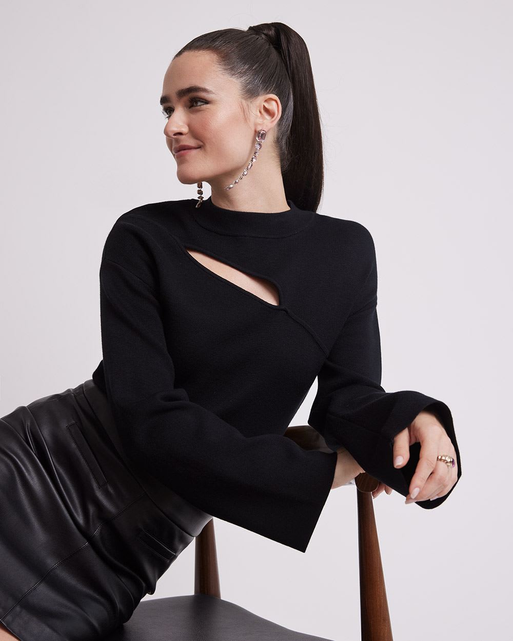 Long-Bell-Sleeve Mock-Neck Sweater with Cut-Out at Front