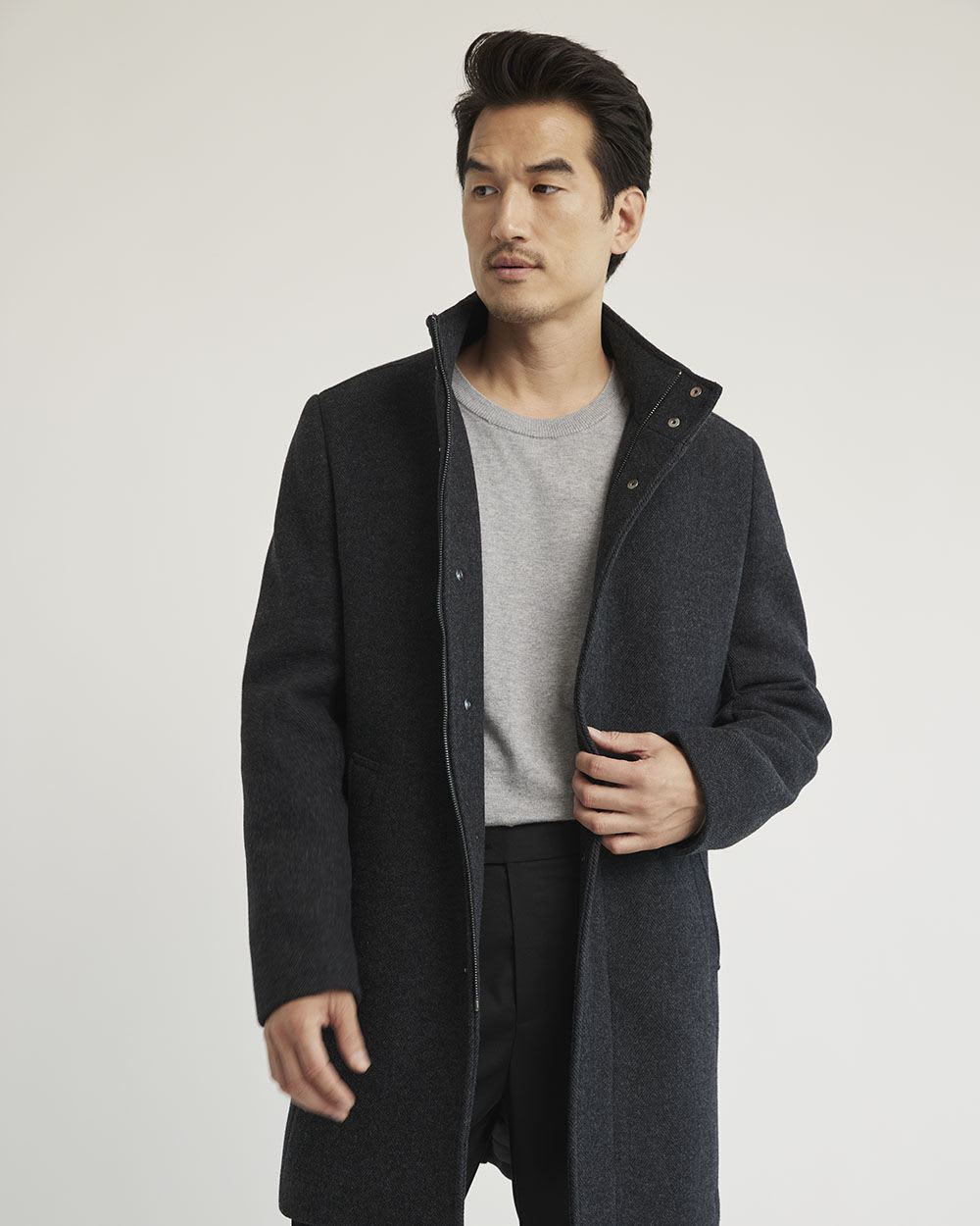 Classic Herringbone Wool Coat with Mock Neckline